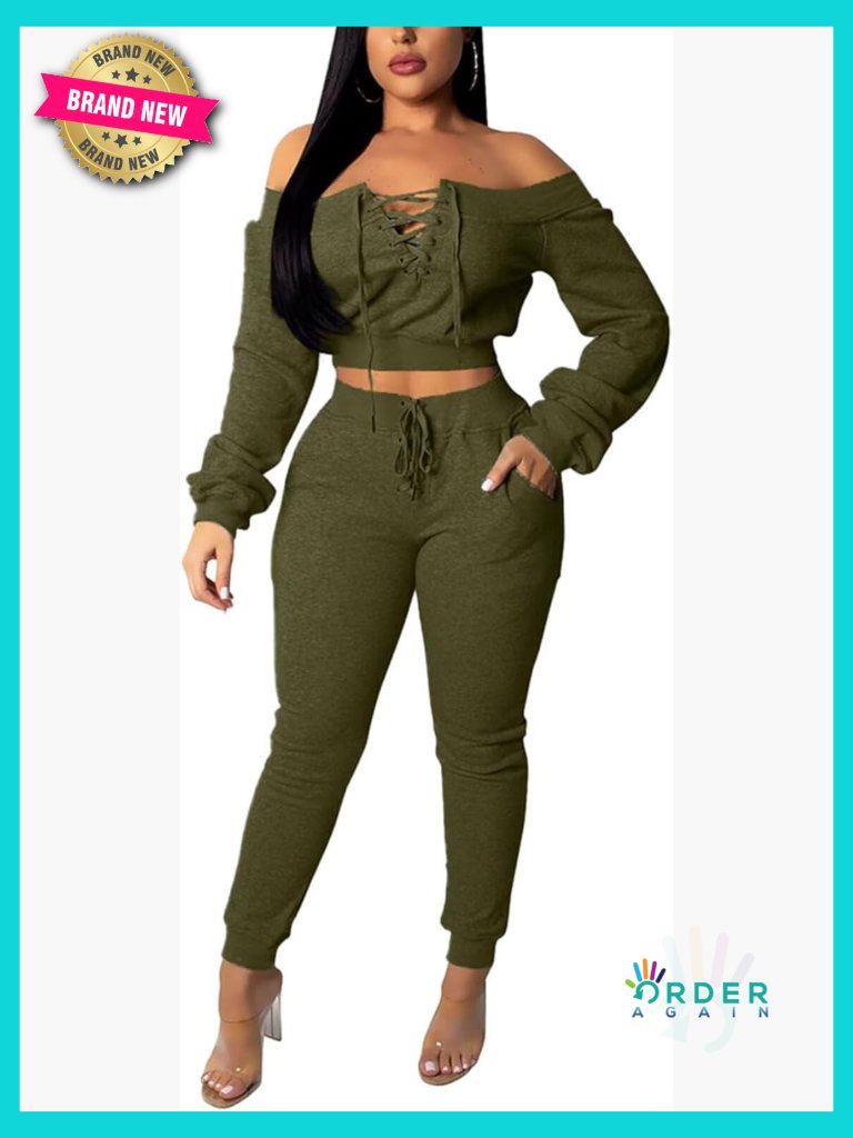 Off Shoulder Lace Up Crop Top Pants Set Clubwear Y2k Slim Fit Tracksuit